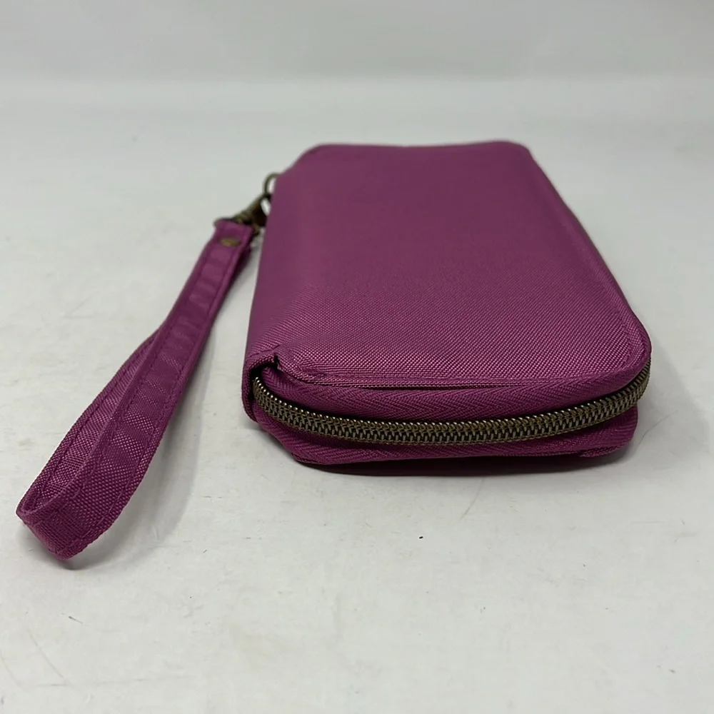 TRAVELON Wristlet RFID Signature Purple  Pleated Double Zip Clutch